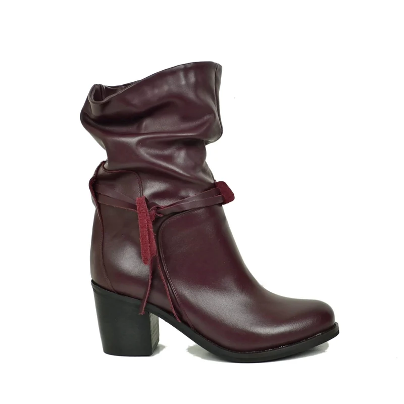 Stivaletti alla Caviglia Classici Plissettati con Tacco Largo 7 cm Bordeaux