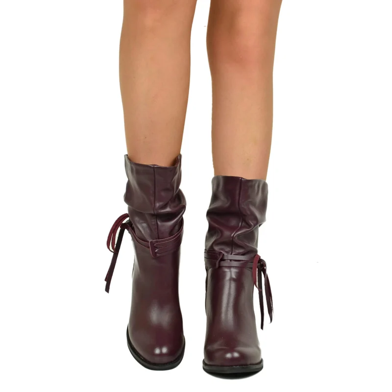 Stivaletti alla Caviglia Classici Plissettati con Tacco Largo 7 cm Bordeaux