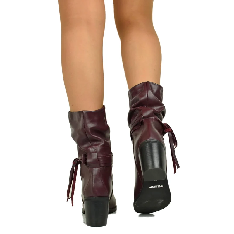 Stivaletti alla Caviglia Classici Plissettati con Tacco Largo 7 cm Bordeaux