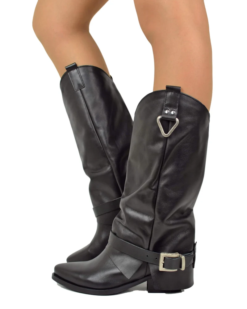 Stivali con Ghetta Vera Pelle Nera con Fibbie Argentate Cowboy