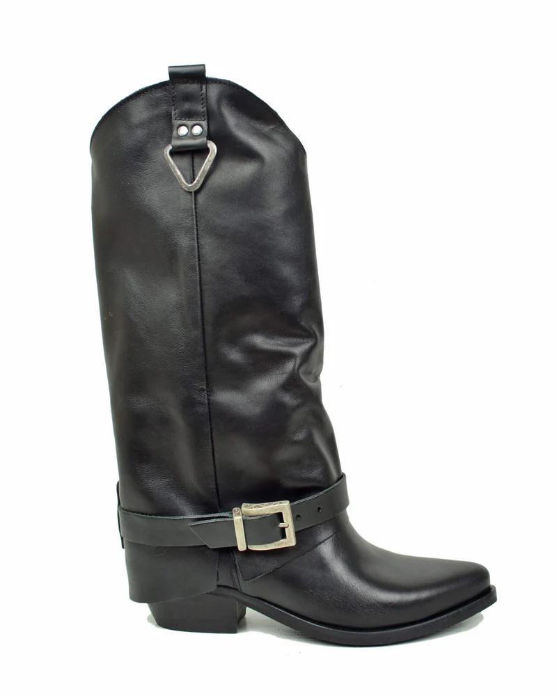 Stivali con Ghetta Vera Pelle Nera con Fibbie Argentate Cowboy