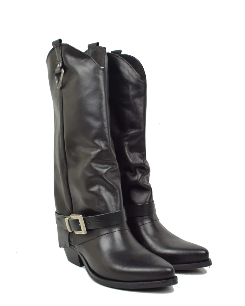 Stivali con Ghetta Vera Pelle Nera con Fibbie Argentate Cowboy