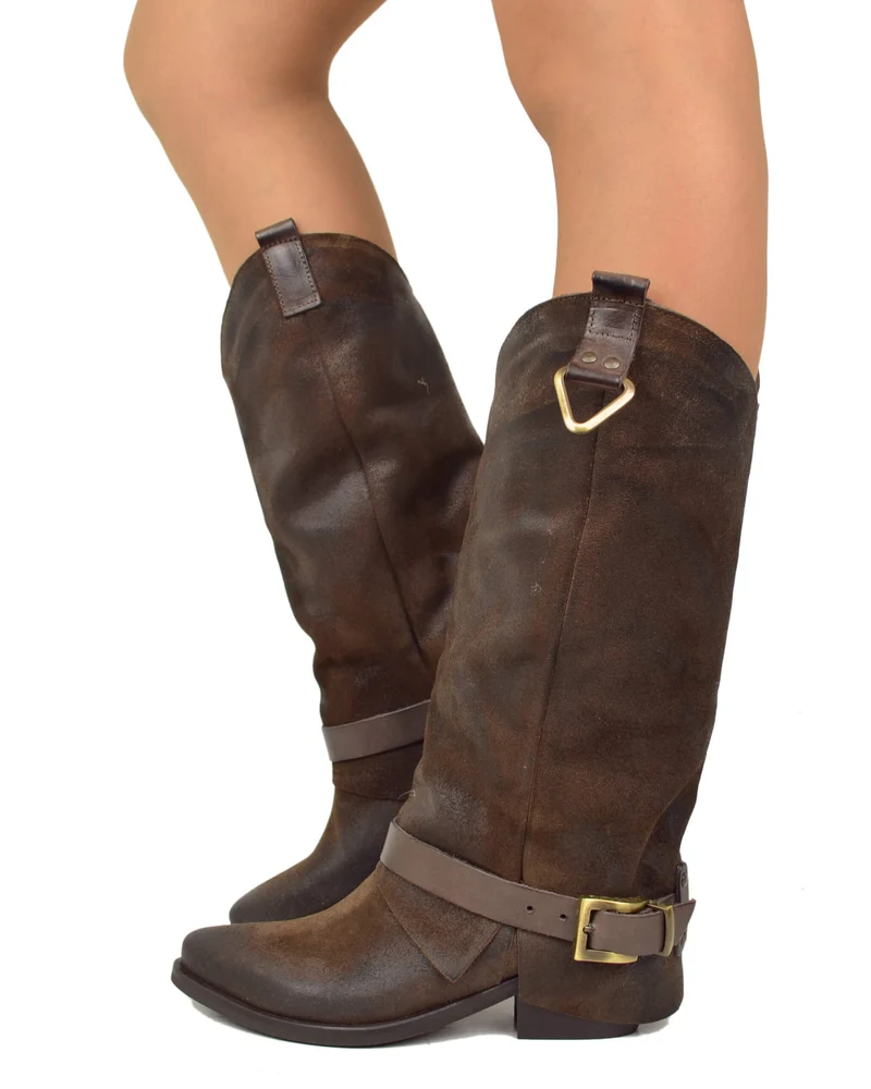 Stivali con Ghetta Pelle Scamosciata Marrone con Fibbie Bronzo Cowboy