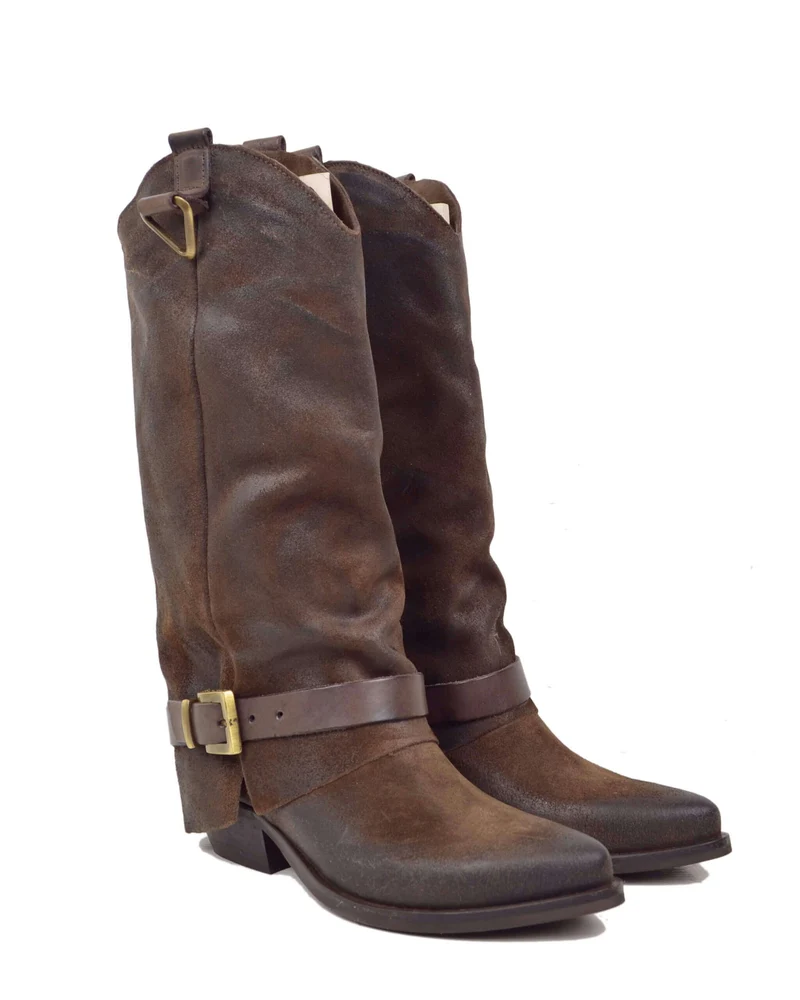 Stivali con Ghetta Pelle Scamosciata Marrone con Fibbie Bronzo Cowboy