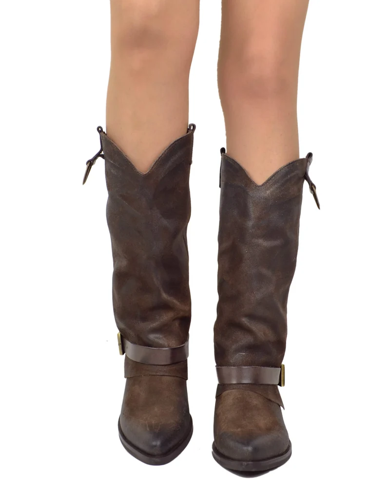 Stivali con Ghetta Pelle Scamosciata Marrone con Fibbie Bronzo Cowboy