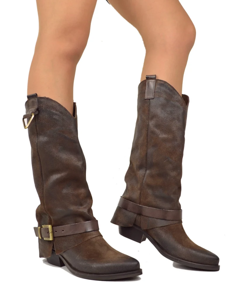 Stivali con Ghetta Pelle Scamosciata Marrone con Fibbie Bronzo Cowboy