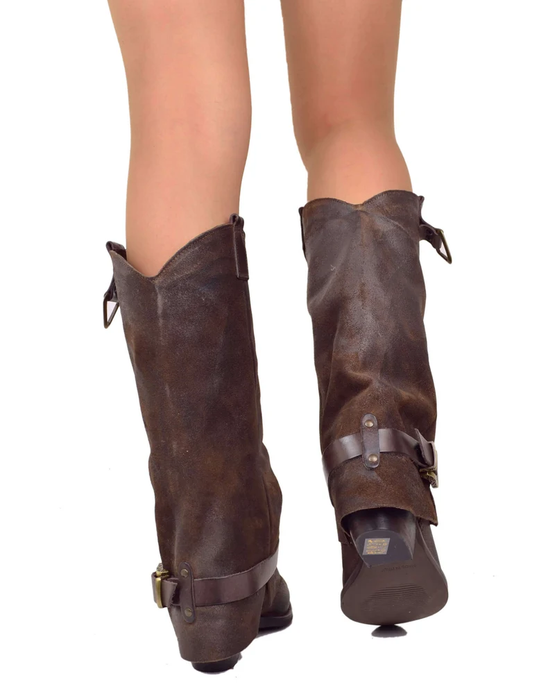 Stivali con Ghetta Pelle Scamosciata Marrone con Fibbie Bronzo Cowboy