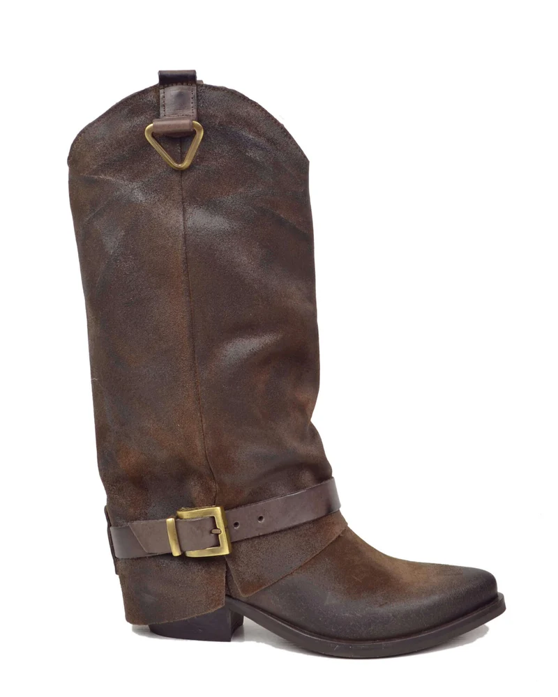 Stivali con Ghetta Pelle Scamosciata Marrone con Fibbie Bronzo Cowboy