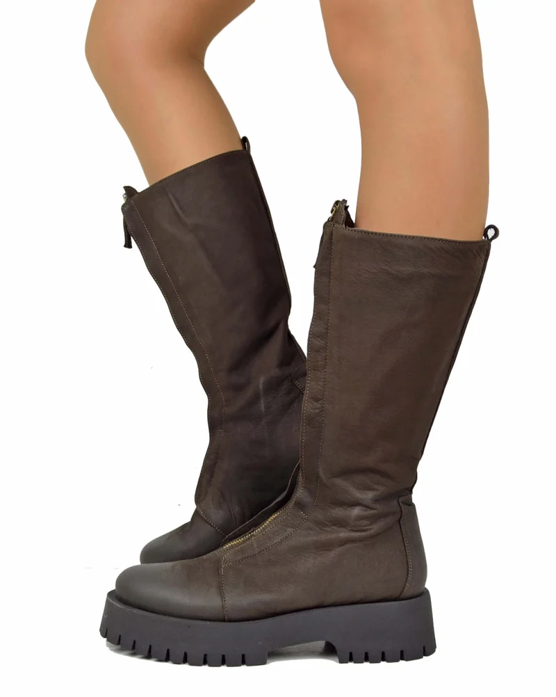 Stivali Biker in Pelle Fondo Gomma Fondo Platform con Zip Anteriore Marroni