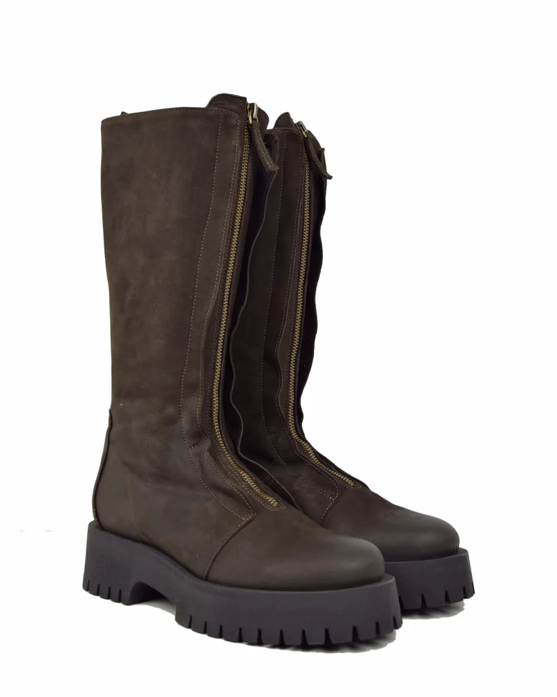 Stivali Biker in Pelle Fondo Gomma Fondo Platform con Zip Anteriore Marroni