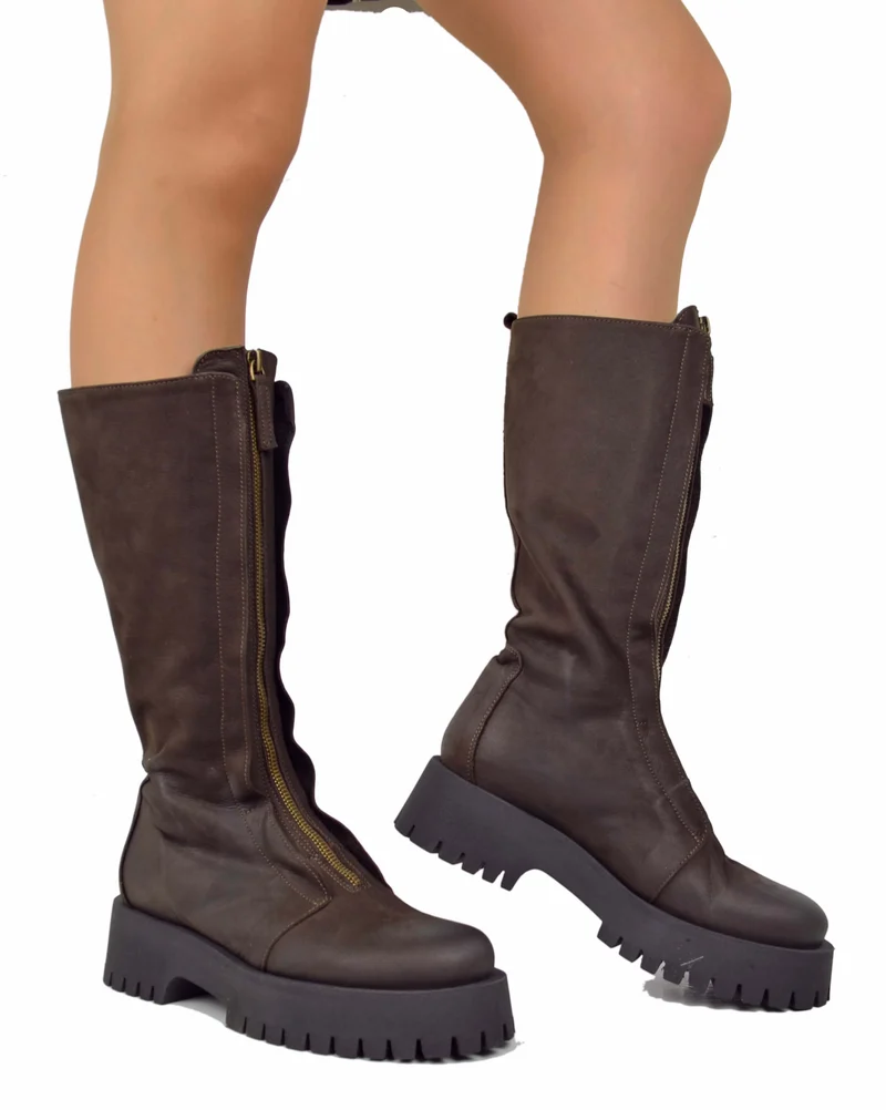 Stivali Biker in Pelle Fondo Gomma Fondo Platform con Zip Anteriore Marroni