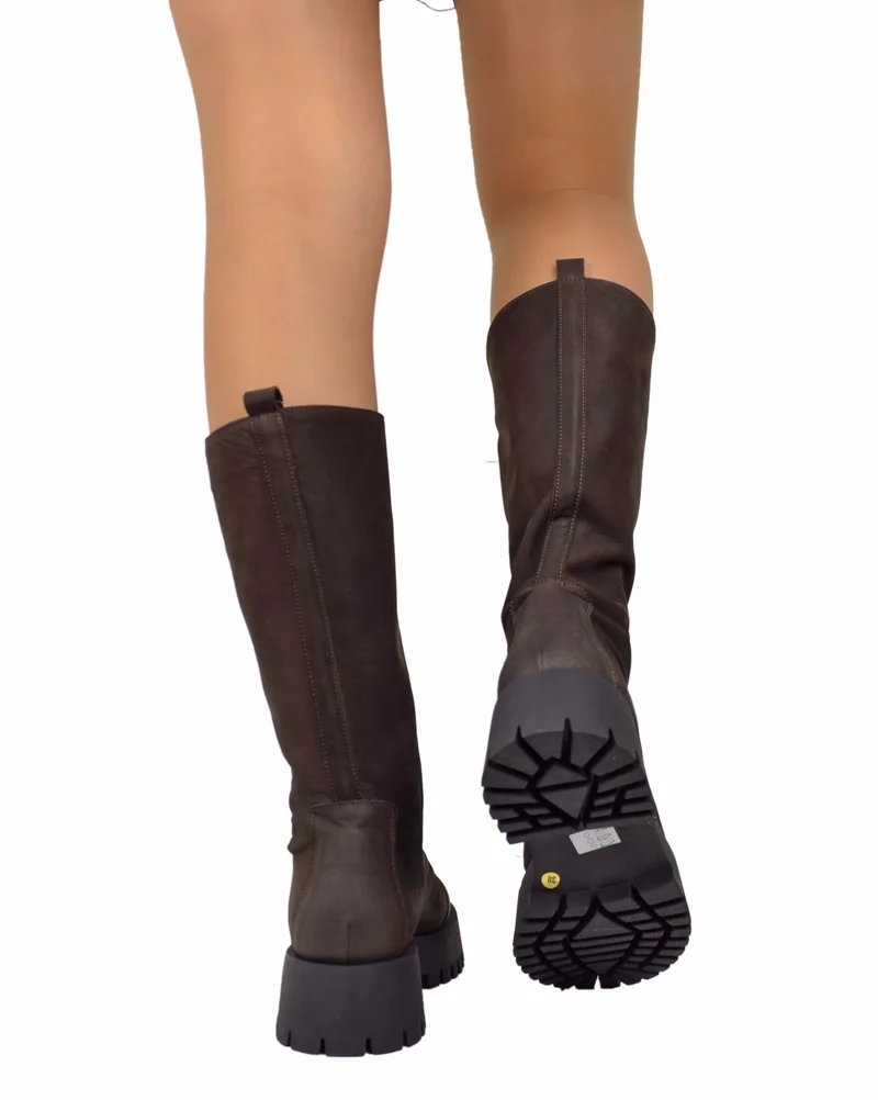 Stivali Biker in Pelle Fondo Gomma Fondo Platform con Zip Anteriore Marroni