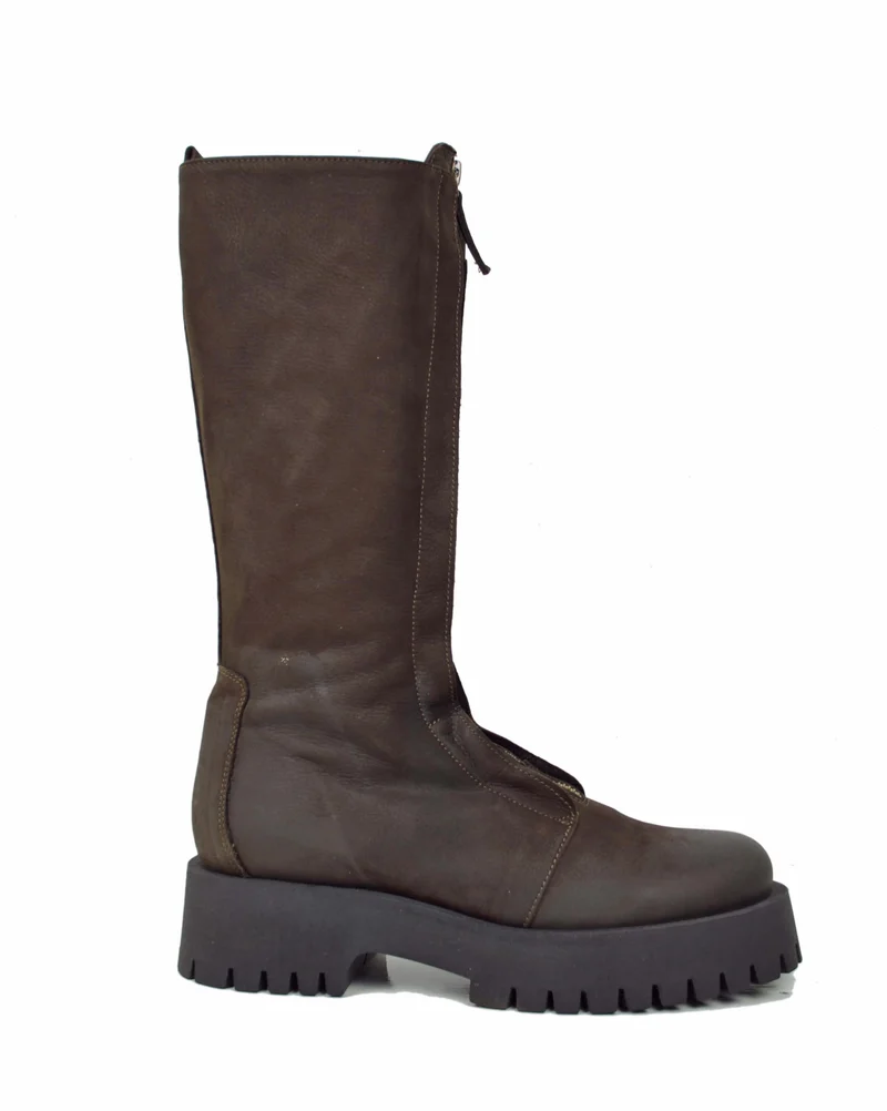 Stivali Biker in Pelle Fondo Gomma Fondo Platform con Zip Anteriore Marroni