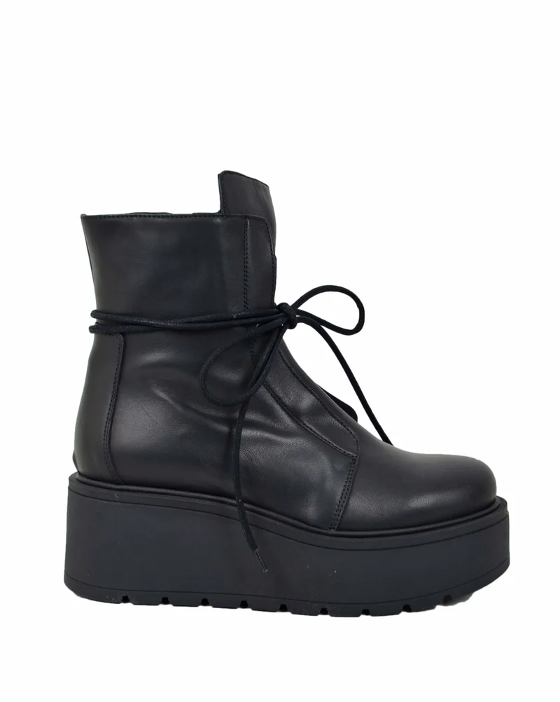 Stivaletti Platform 7 cm con Zip Laterale Vera Pelle Made in Italy Laccio alla Caviglia Neri