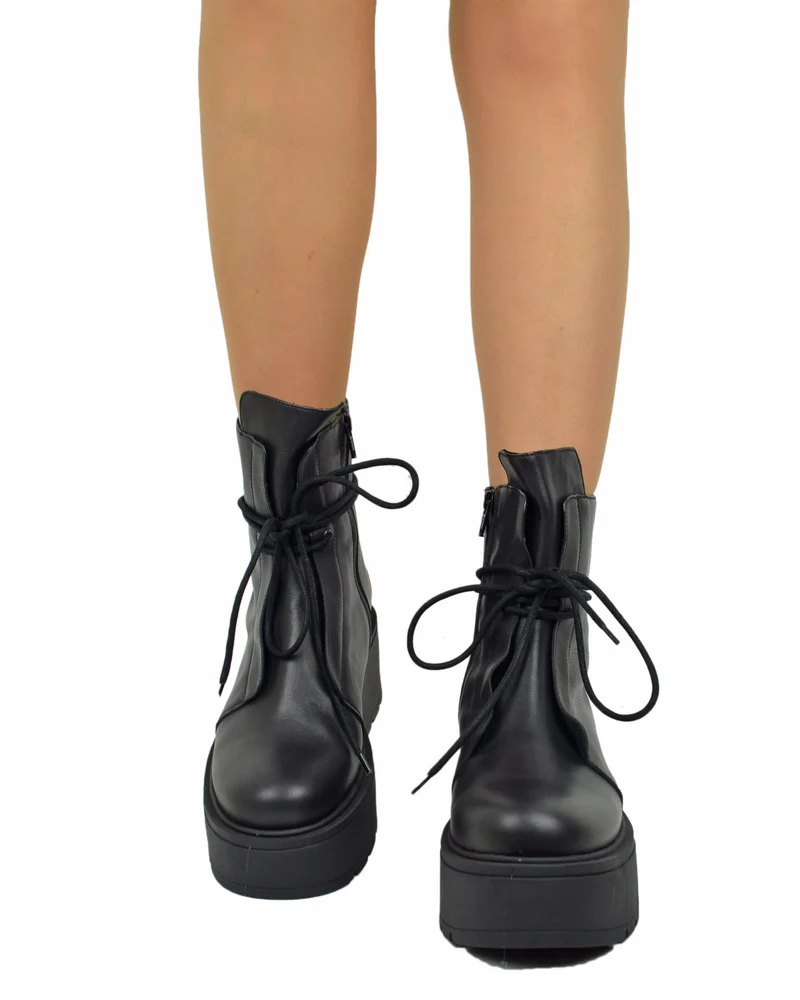 Stivaletti Platform 7 cm con Zip Laterale Vera Pelle Made in Italy Laccio alla Caviglia Neri