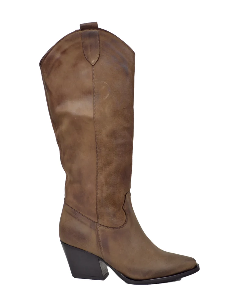 Stivali Texani Cowboy con Pelle Nabuk Sfumata Vintage e Gambale Morbido