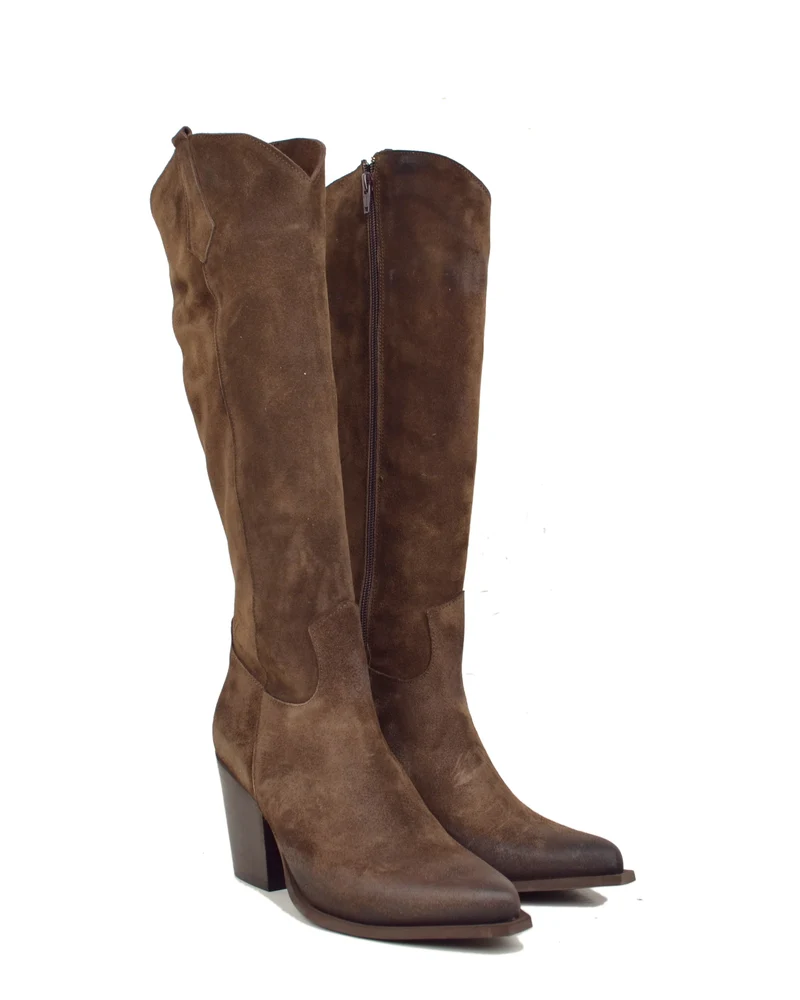 Stivali Texani Alti Eleganti con Zip Gambale Aderente Tacco 8 Cm Camoscio Marroni