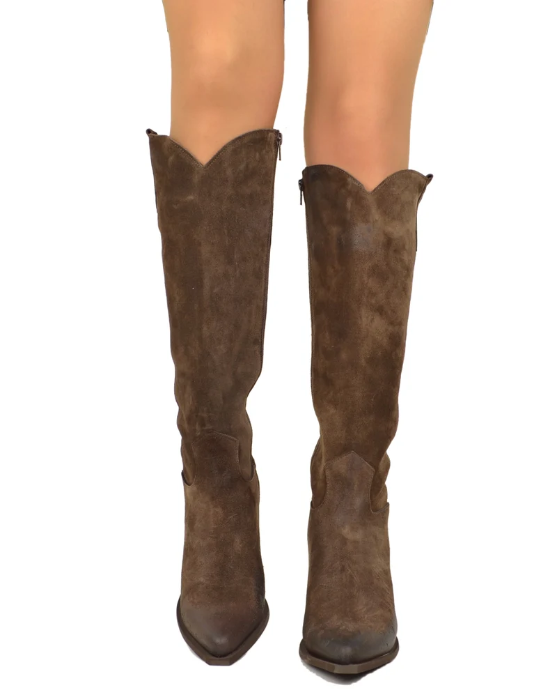 Stivali Texani Alti Eleganti con Zip Gambale Aderente Tacco 8 Cm Camoscio Marroni