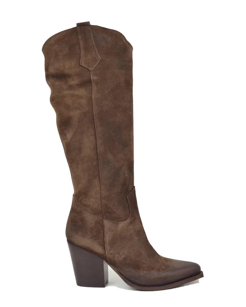 Stivali Texani Alti Eleganti con Zip Gambale Aderente Tacco 8 Cm Camoscio Marroni