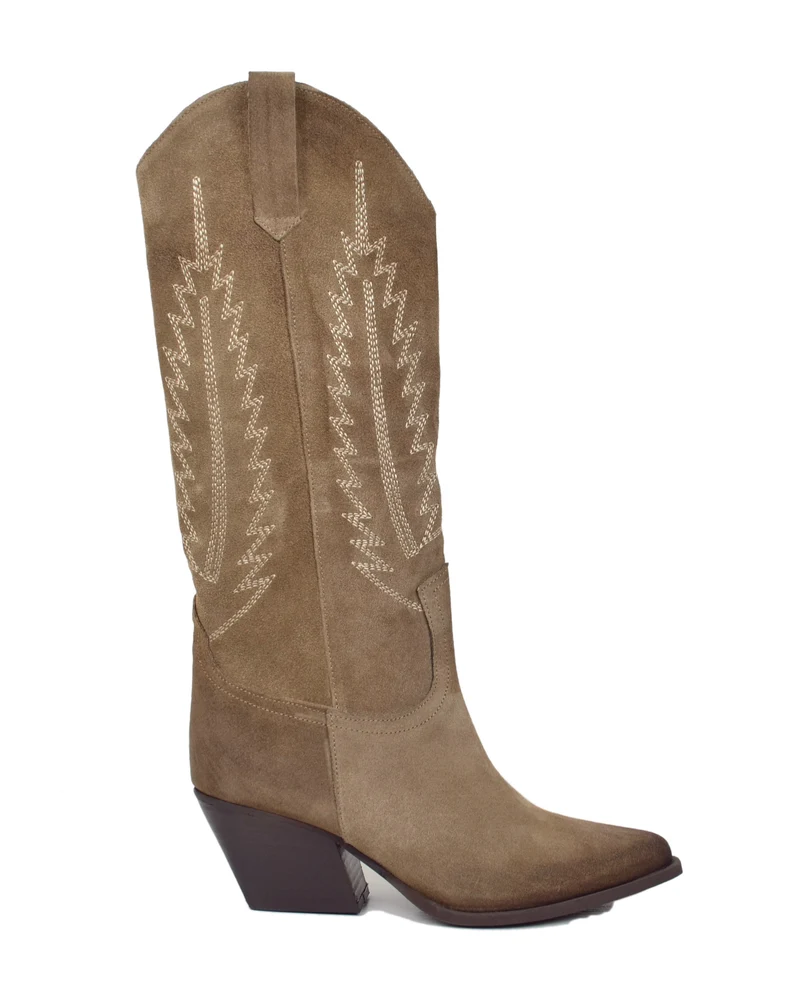 Stivali Texani Scamosciati Trapuntati Alti Taupe Beige Nuovi Arrivi