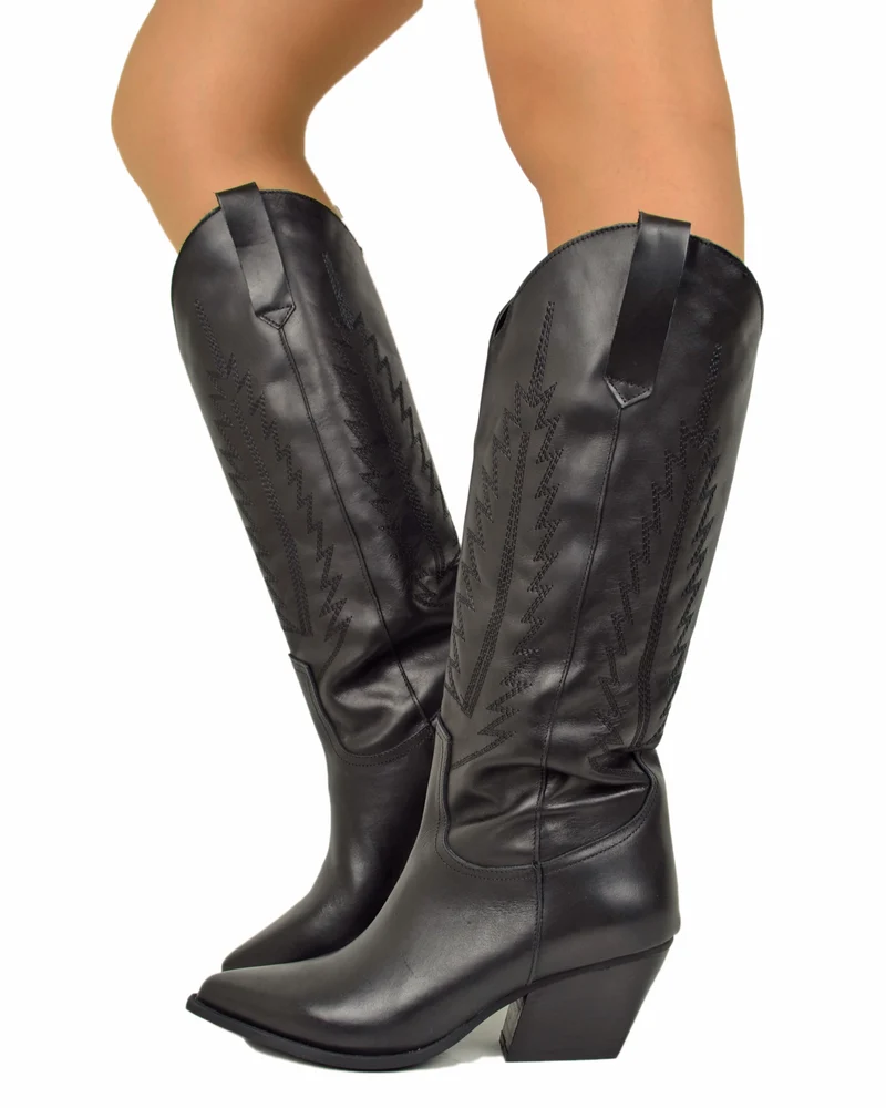 Stivali Texani Cowboy Trapuntati a Fiamma Vera Pelle Made in Italy NERI