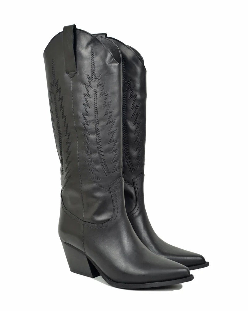 Stivali Texani Cowboy Trapuntati a Fiamma Vera Pelle Made in Italy NERI