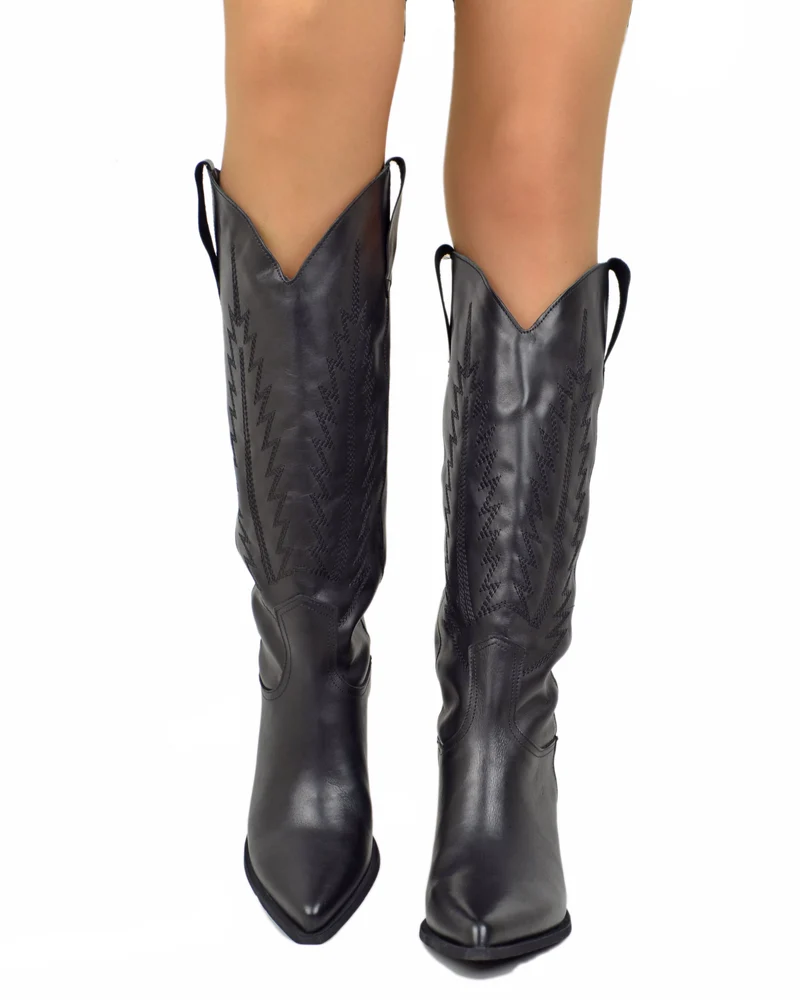 Stivali Texani Cowboy Trapuntati a Fiamma Vera Pelle Made in Italy NERI