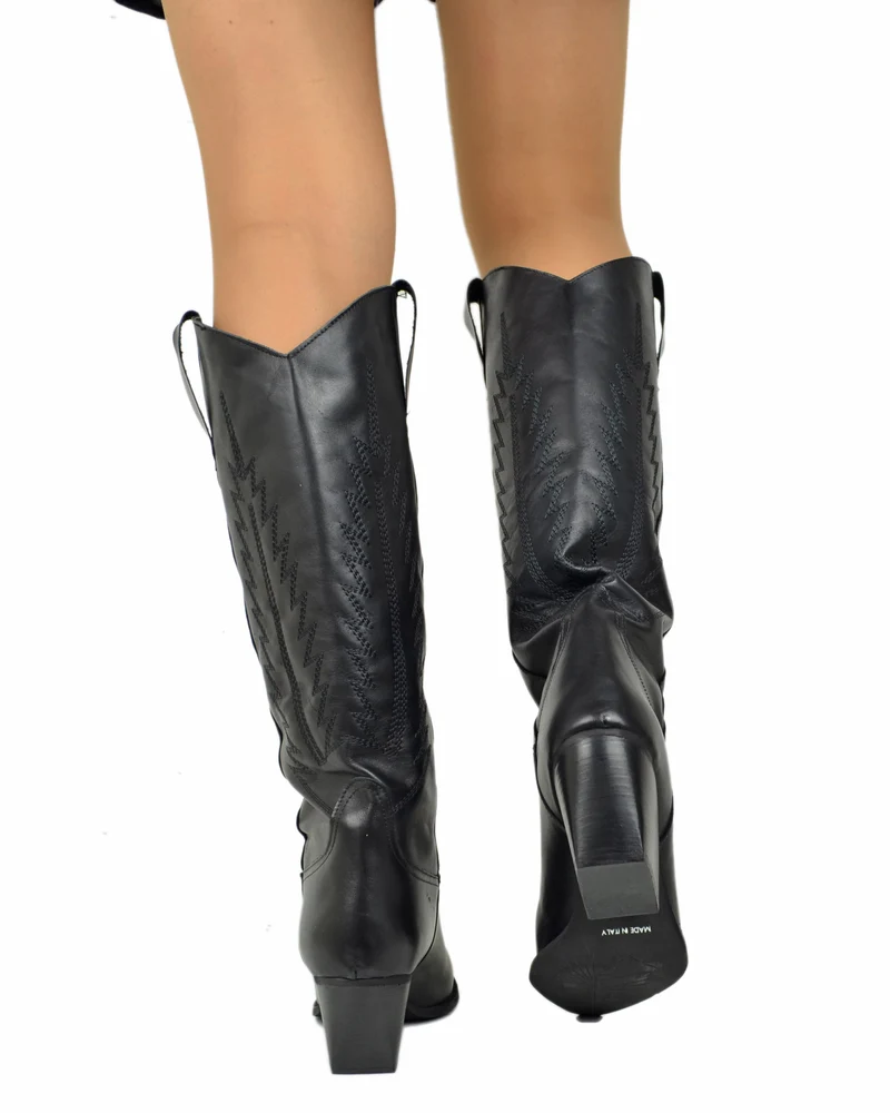 Stivali Texani Cowboy Trapuntati a Fiamma Vera Pelle Made in Italy NERI