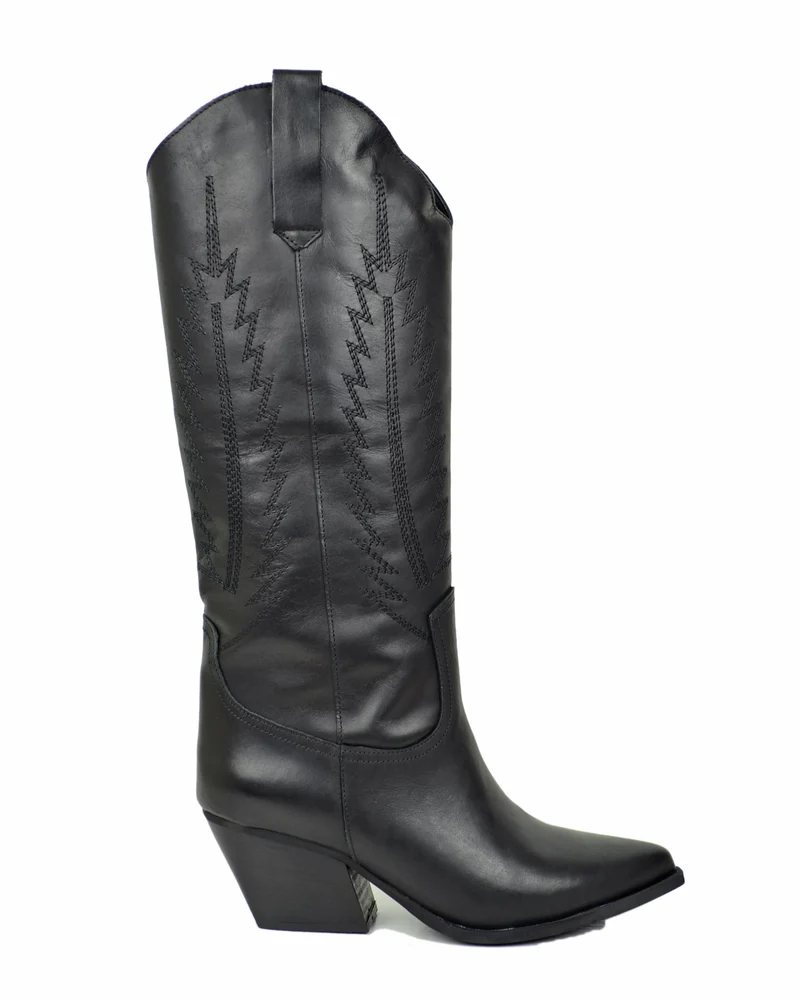 Stivali Texani Cowboy Trapuntati a Fiamma Vera Pelle Made in Italy NERI