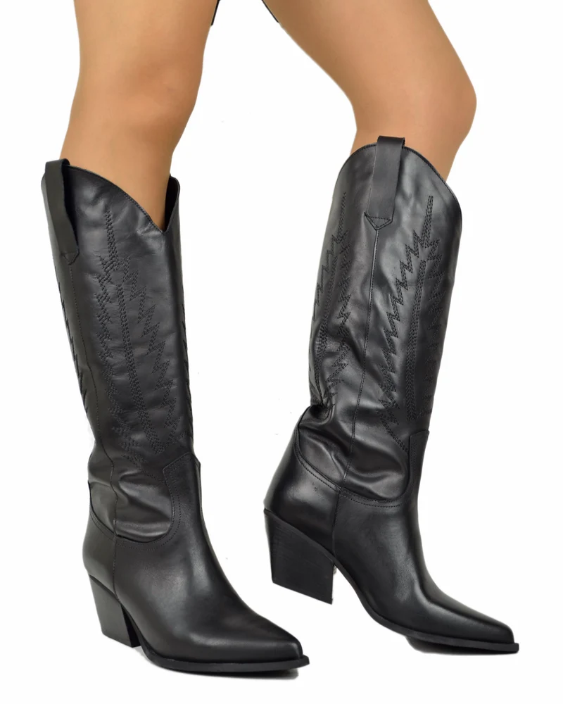 Stivali Texani Cowboy Trapuntati a Fiamma Vera Pelle Made in Italy NERI