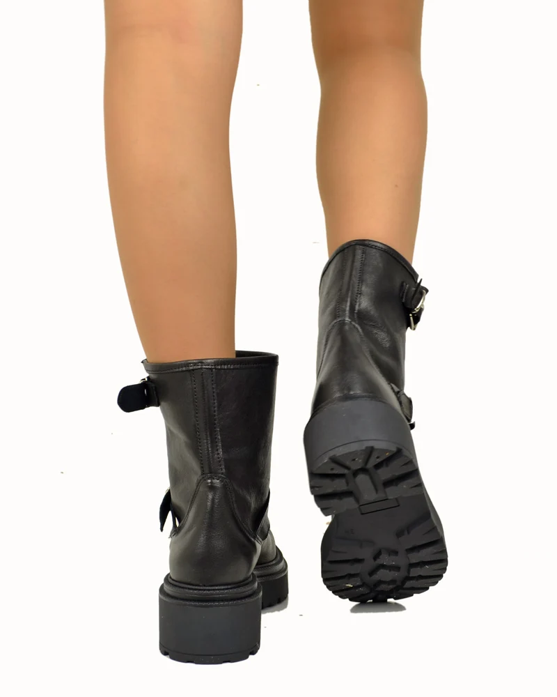 Biker Police Bassi alla Caviglia Vera pelle MADE IN ITALY Doppie Fibbie Neri