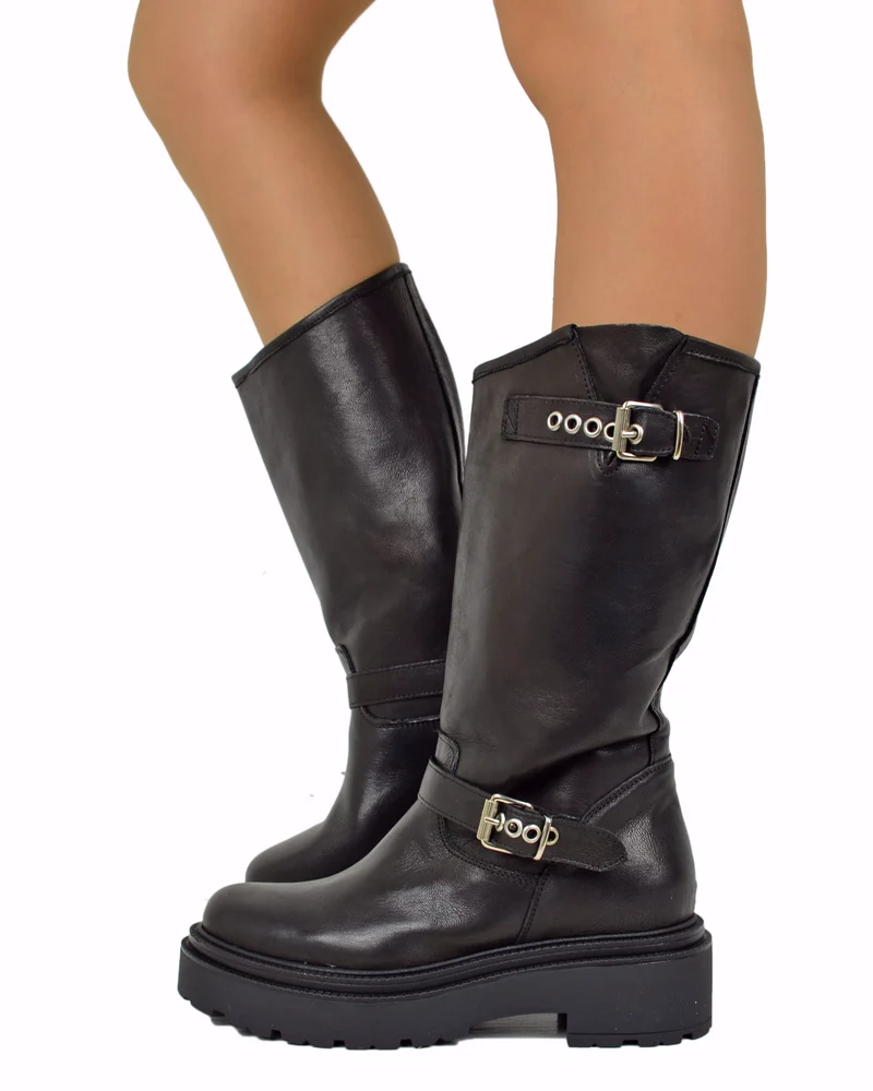 Biker Police Platform Alti Vera Pelle Stivali Moto Total Black Neri