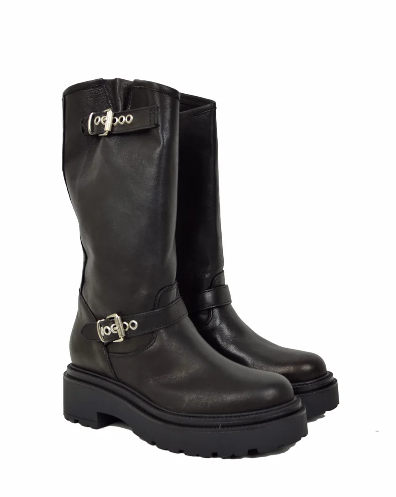 Biker Police Platform Alti Vera Pelle Stivali Moto Total Black Neri