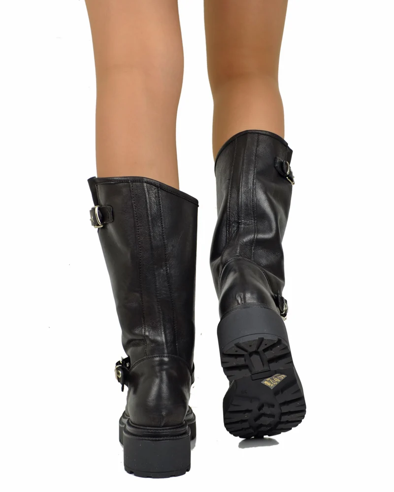 Biker Police Platform Alti Vera Pelle Stivali Moto Total Black Neri