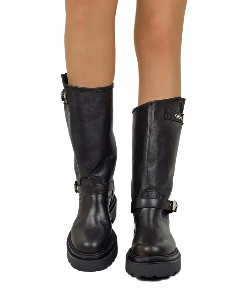 Biker Police Platform Alti Vera Pelle Stivali Moto Total Black Neri