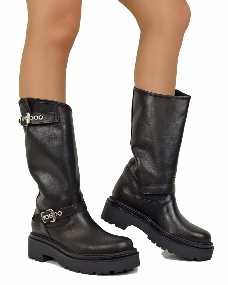 Biker Police Platform Alti Vera Pelle Stivali Moto Total Black Neri
