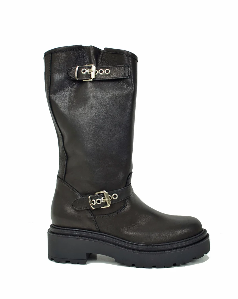 Biker Police Platform Alti Vera Pelle Stivali Moto Total Black Neri