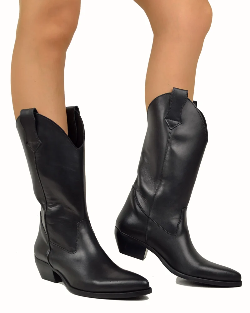 Texani VERA PELLE Made in Italy Stivali da Cowboy Neri Lisci Camperos