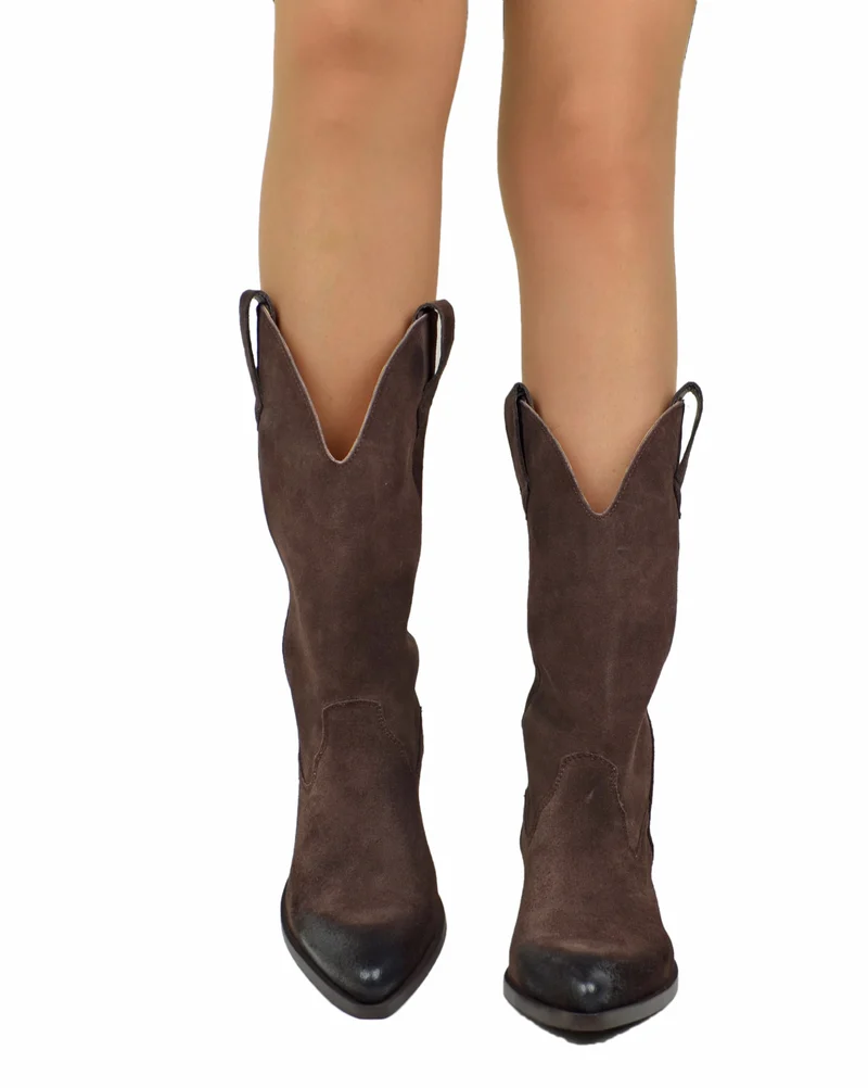 Texani Pelle Scamosciata Ingrassata Cioccolato Stivali da Cowboy