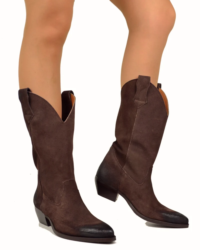 Texani Pelle Scamosciata Ingrassata Cioccolato Stivali da Cowboy