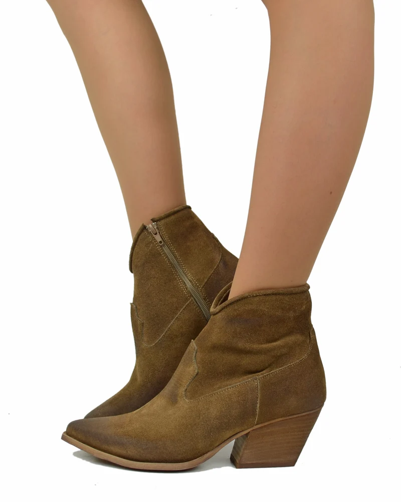 Stivaletti Texanini alla Caviglia Donna in Pelle Scamosciata Taupe