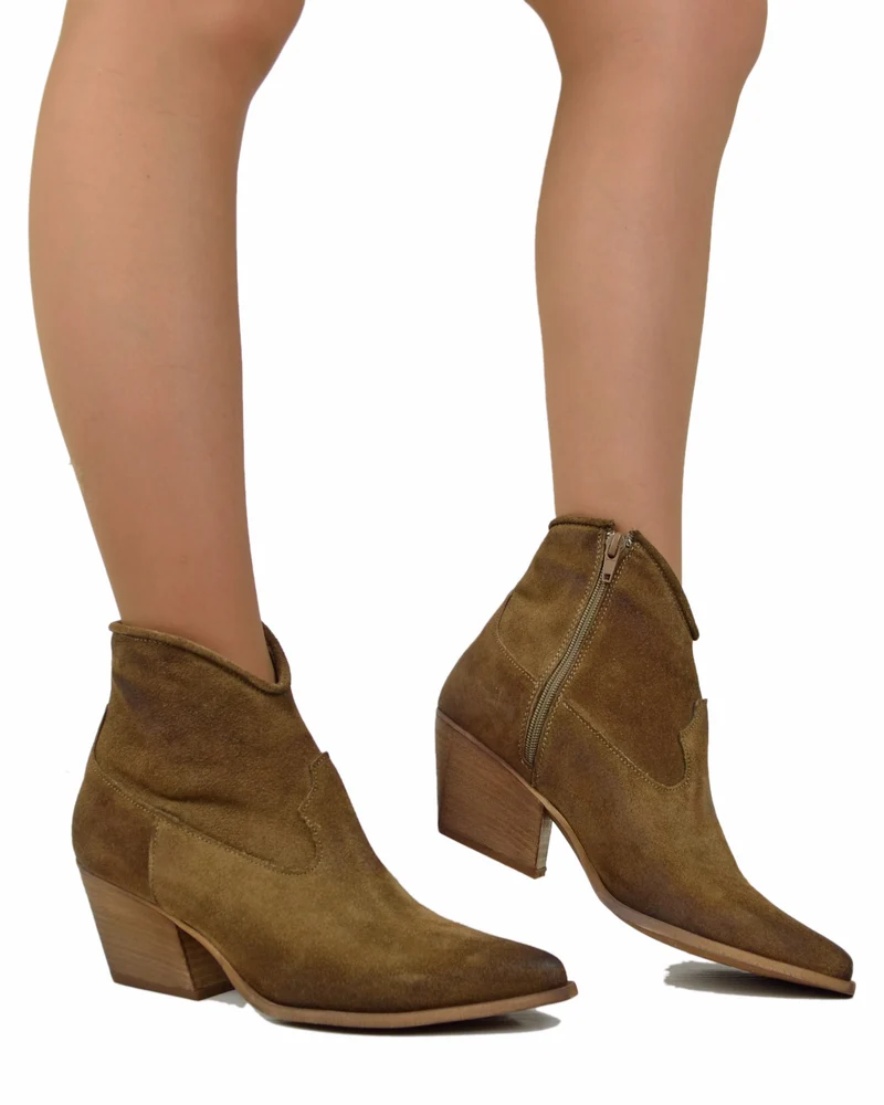 Stivaletti Texanini alla Caviglia Donna in Pelle Scamosciata Taupe