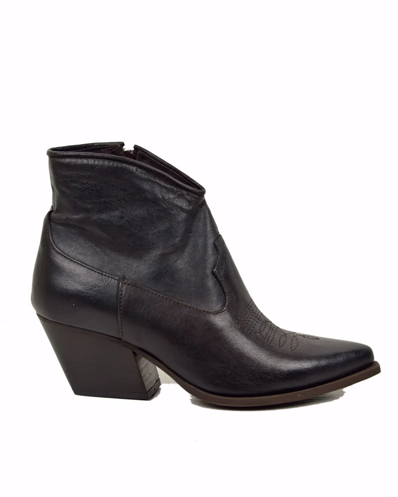 Stivaletti Texanini alla Caviglia Donna in Pelle Marrone Scuro Made in Italy Cucitura