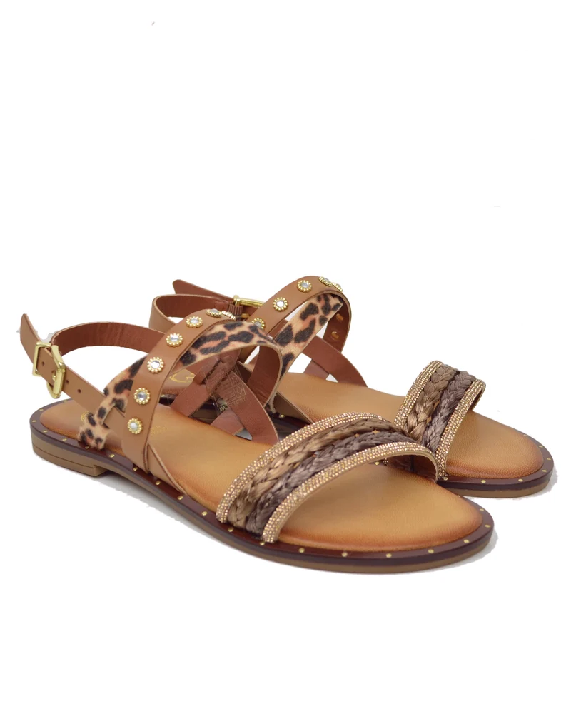 Sandali Leopardati Piatti Vera Pelle Suola Imbottita Strass Cuoio