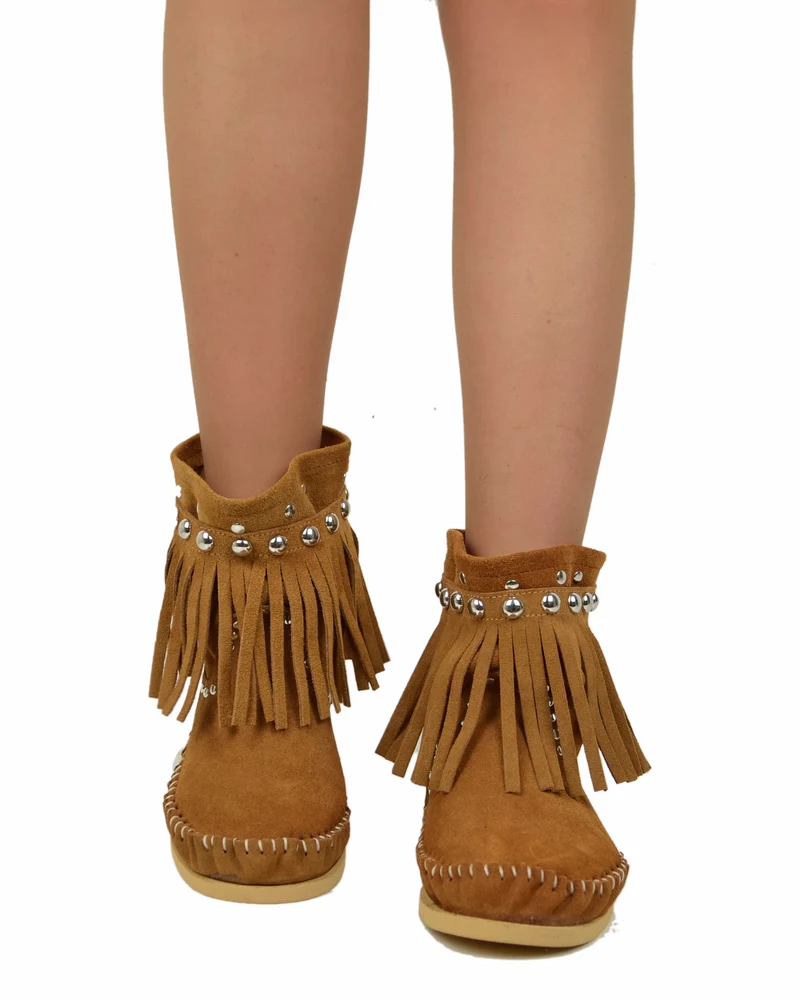 Stivali Indianini con Frange Camoscio Cuoio Zeppa Interna di 3 cm KikkiLine