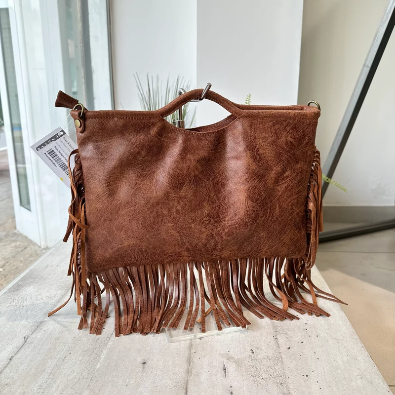 Borsa Rettangolare con Frange in Pelle Sfumata Tracolla Interno Semirigida Cioccolato