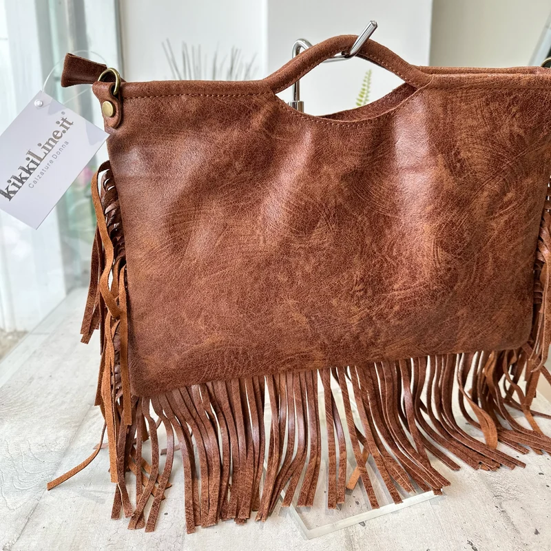 Borsa Rettangolare con Frange in Pelle Sfumata Tracolla Interno Semirigida Cioccolato