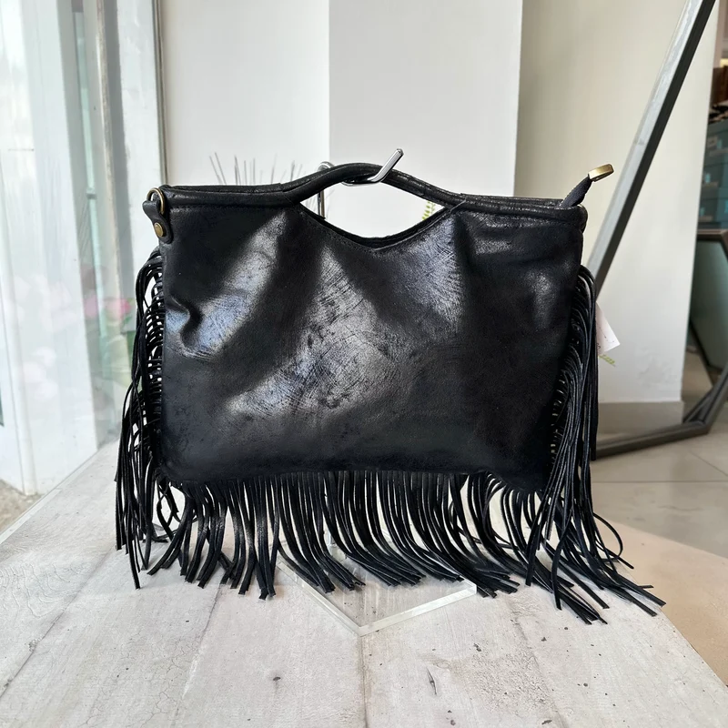 Borsa Rettangolare con Frange in Pelle Sfumata Tracolla Interno Semirigida Nera