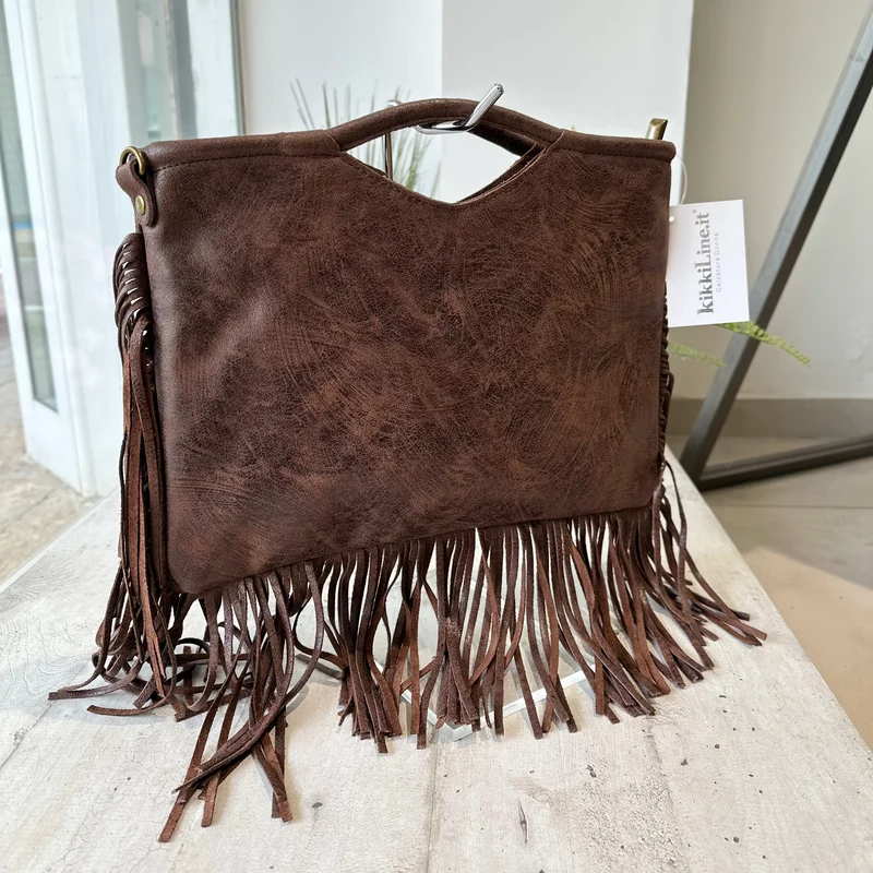 Borsa Rettangolare con Frange in Pelle Sfumata Tracolla Interno Semirigida Testa di Moro