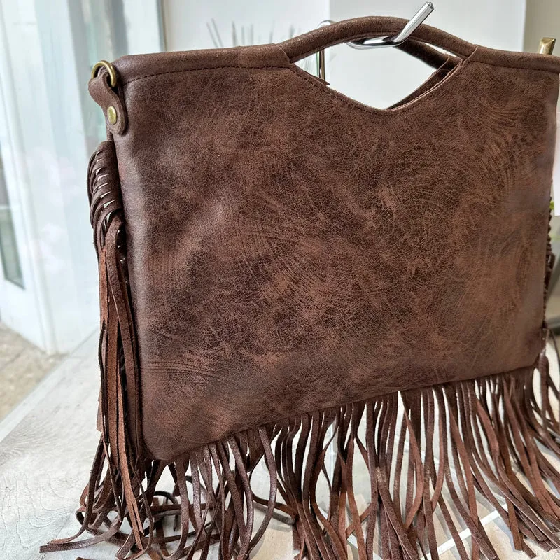 Borsa Rettangolare con Frange in Pelle Sfumata Tracolla Interno Semirigida Testa di Moro